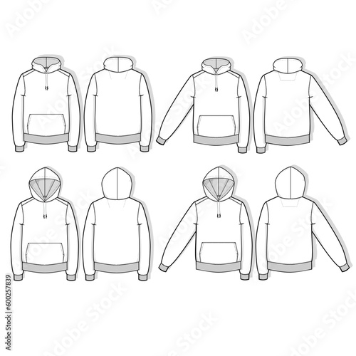 Hoodie Sweatshirt Technical Drawing Flat Template Mockup Vector CAD for Tech Packs Apparel Illustration Men's Black CAD Fashion Design