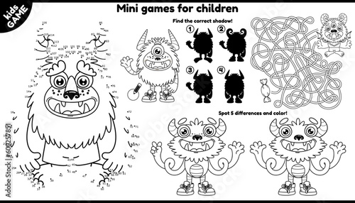 Vector monsters placement for children. Set of outline kids games with cartoon cute mutants. Play and coloring. Printable activity mat with maze, connect the dots and color, find differences and other