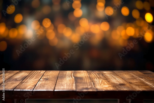Wooden table with dark blurred background. AI generative