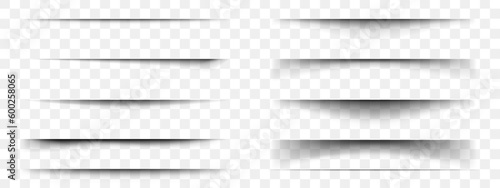 Set of paper shadow effects. Horizontal divider lines isolated on transparent background. Notebook sheet, book page, card, flyer, banner, poster with soft blurred edges. Vector realistic illustration