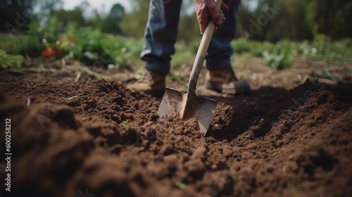 Digging for a Bountiful Harvest: Person Prepping Garden Soil with Shovel. Generative AI.