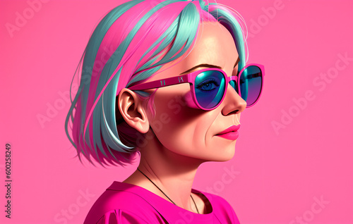 Old woman in sunglasses. Portrait of positive modern retired lady. Generative AI.