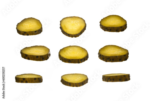 Set of pickle slice cucumber isolated on white background.