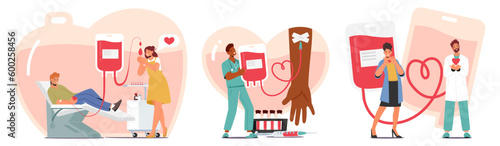 Set Characters Donate Blood To Help Others In Need. Process Involves Giving A Blood Sample Vector Illustration