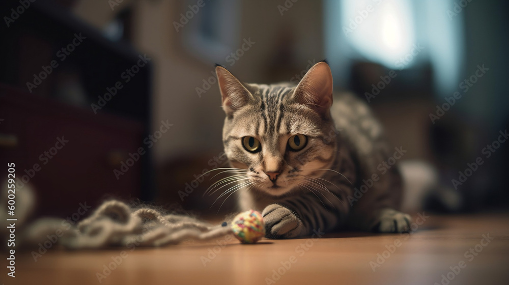Playful Cat in Cozy Urban Apartment with Toy. Generative AI.