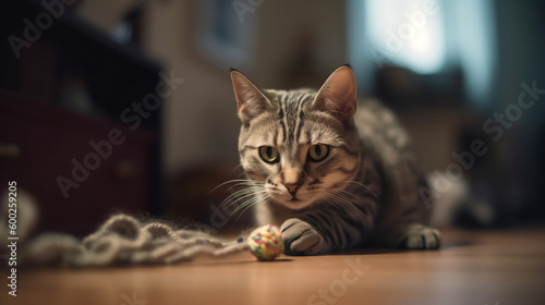Playful Cat in Cozy Urban Apartment with Toy. Generative AI. © Ramon