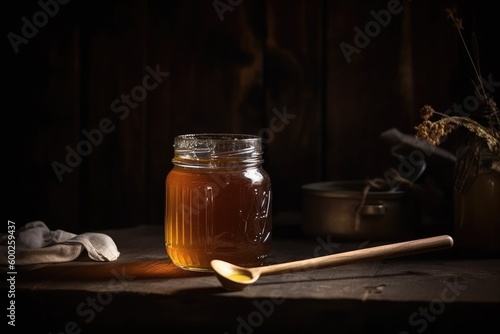 Honey jar with dipper on wooden table. Ai generative.