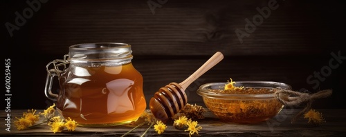 Banner honey jar with dipper on wooden table. Ai generative.