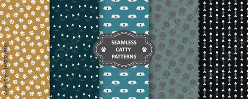Collection of vector seamless color patterns with pet symbols. Repeatable cartoon fun backgrounds, fabric endless prints