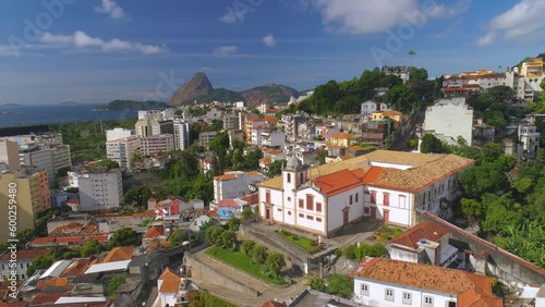 RIO DE JANEIRO, BRASIL - MAY, 2023: Aerial drone panorama view of famous landmark Arches of Lapa traditional place of many tourists. photo
