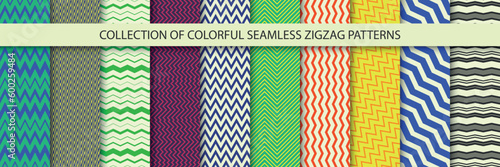 Collection of chevron colorful geometric striped seamless patterns. Simple zigzag bright textures - repeatable unusual backgrounds. Fabric endless prints