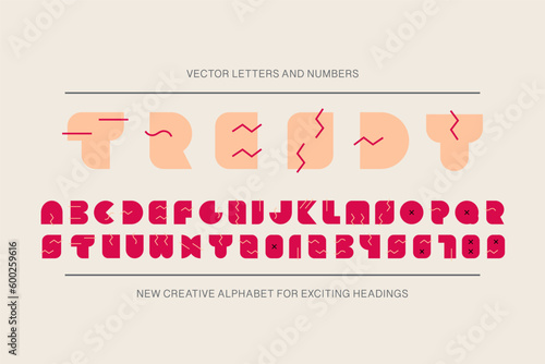 Modern stylish font. Trendy vector english alphabet with bold latin letters and numerals. Contemporary creative red design