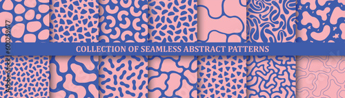 Collection of vector seamless trendy color patterns. Simple textile prints with abstract shapes. Repeatable bright textures - unusual contemporary backgrounds