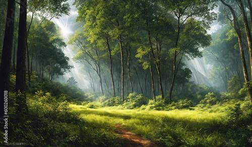 Forest landscape. Mysterious green forest. Impressive nature background. Generative AI. © Anton Dios