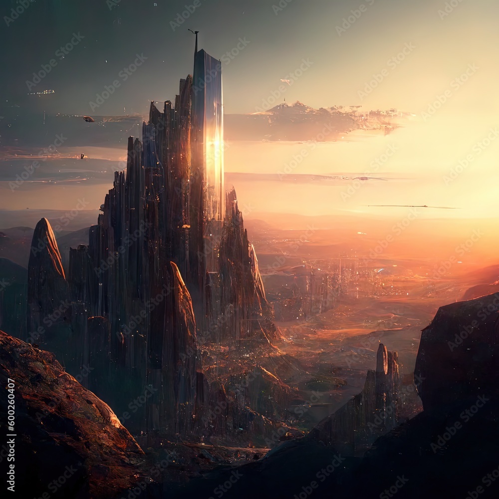Desde la cima de una montaña, puedes ver una ciudad futurista extendiéndose hasta el horizonte, con rascacielos de cristal y metal brillando bajo el sol. 4k