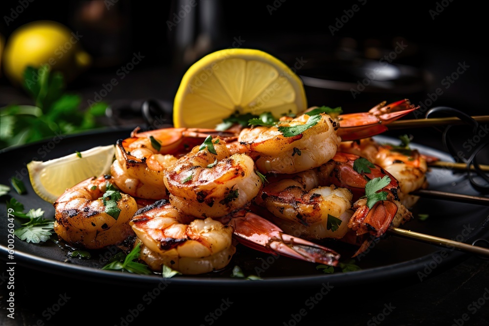 Close up of a perfectly cooked and seasoned grilled shrimp skewer. Ai generative. Close up of a perfectly cooked and seasoned grilled shrimp skewer. Ai generative.