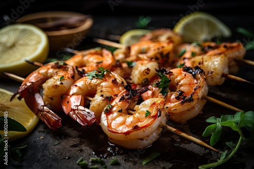 Close up of a perfectly cooked and seasoned grilled shrimp skewer. Ai generative.