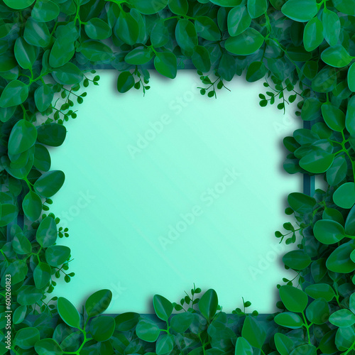 Natural background with green leaves forming a square frame in the center. High quality illustration Generative AI