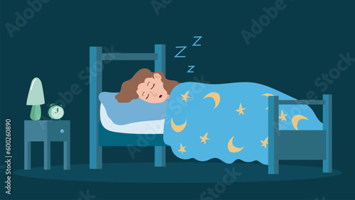 Child Is sleeping on the bed under the moon and star shaped sheet in the dark room at night. Bedroom and sleep concept. vector illustration backgrounds.