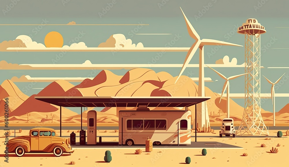 AI-generated illustration of a service station in the desert with solar panels and wind turbines. MidJourney.