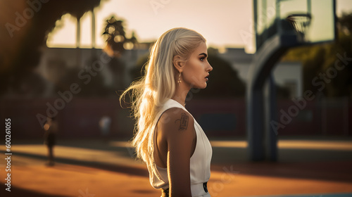 Young Blonde Beauty in White Dress on Sport Field: Stylish Tattooed Female Merging Sporty with Elegance, Radiating Modern Feminine Vibes Amidst Lush Green Turf