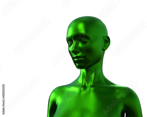3d illustration. Portrait of a green bald woman on a white background. 
