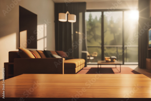 Table top with Blurred sofa Home interior decoration