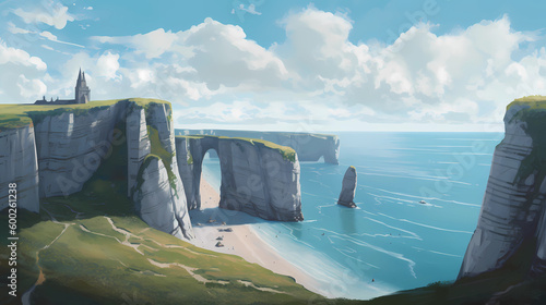 Panoramic view of the beach of Etretat in Normandy, France
