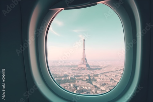 view from the window of airplane, Eiffel Tower in Paris