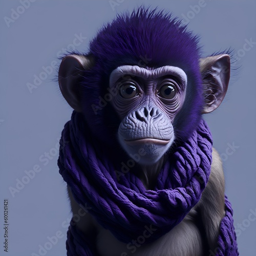 A realistic portrait of a monkey wearing a lavender colored textured scarf, looking at the camera with confidence. The background is a white background, creating a bright and joyful light on her face  photo