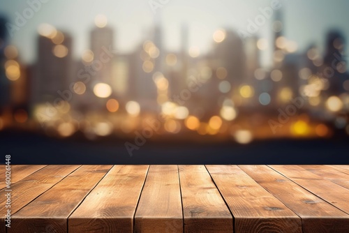 urban blurred background with bokeh and empty wooden table in the foreground -Ai © Master-L
