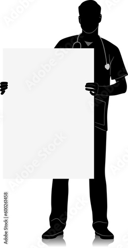 Silhouette of healthcare worker. Happy smiling doctor with a stethoscope holding sign. Male nurse in uniform. Vector flat style illustration set isolated on white. Full length view