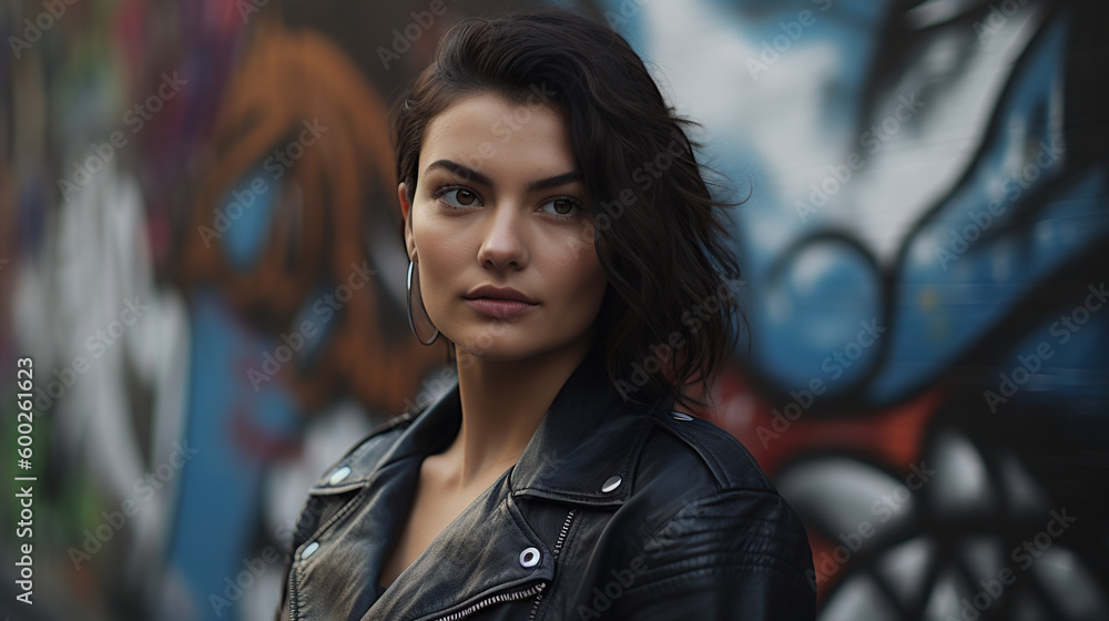 A fashionable young woman posing in front of a street art mural - generative AI, AI generated A fashionable young woman posing in front of a street art mural - generative AI, AI generated