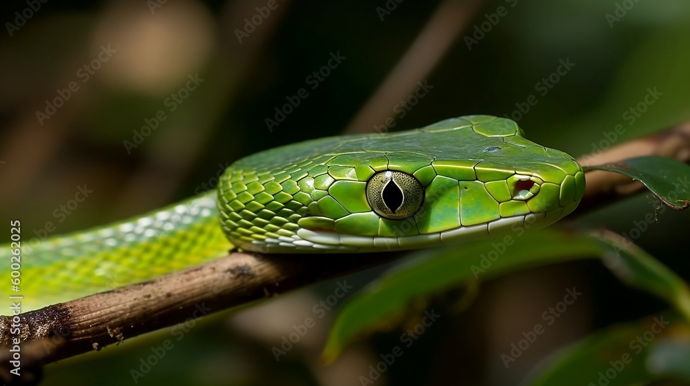 green vine snake on a branch, AI green vine snake on a branch, AI
