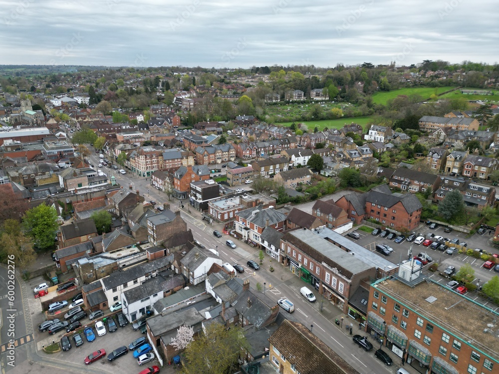 Berkhamsted town high street Hertfordshire, UK drone aerial view