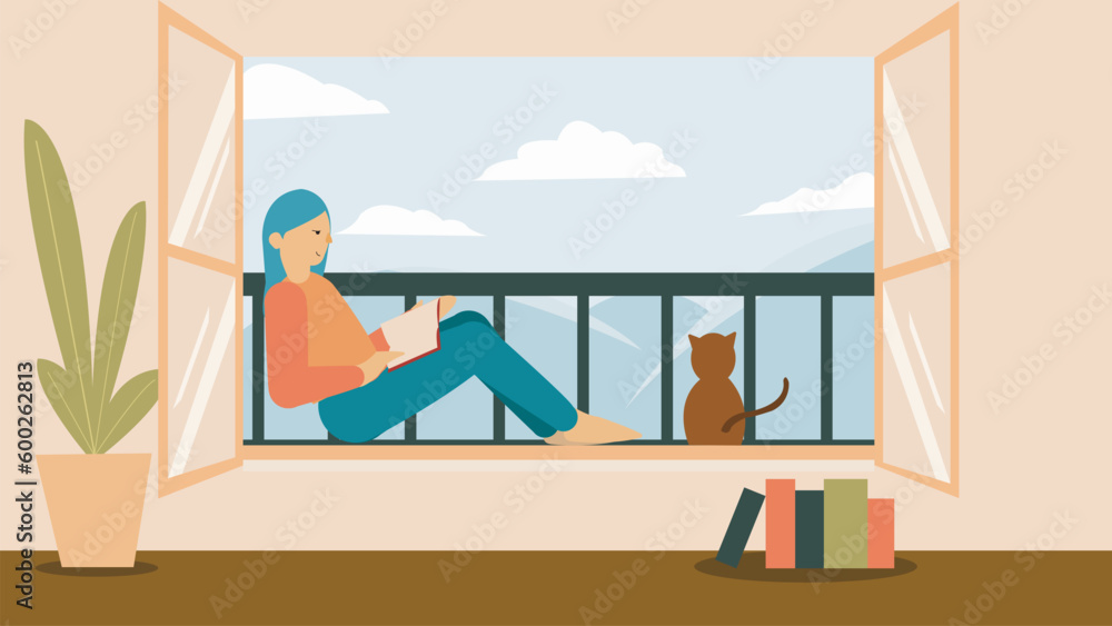 Fototapeta premium Girl sitting on the windowsill with her cat. vector illustration. The girl is sitting on windowsill with his cat. vector illustration.