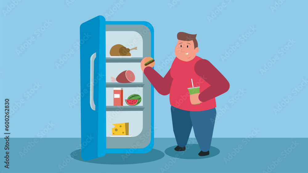 Fat man is eating food near open fridge, holding a hamburger and drink. Hungry male character with weight problem and obesity disorder.