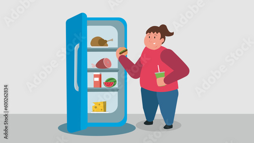 Fat woman is eating food near open fridge, holding a hamburger and drink. Hungry female character with weight problem and obesity disorder.