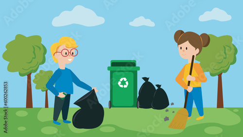 Volunteering and helping ecologically, man and woman busy with waste sorting and sweeping floor, bin container with logo. Public park cleaning by collecting trash or sweeping.