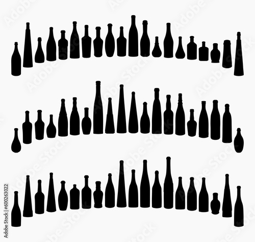 Big set 60 silhouettes of glass bottles for alcohol, wine, beer, kvass, waters. Outline of a container for storing liquid