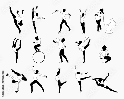 Set of silhouettes of gymnasts. Sport artistic gymnastics. Sports queen. Flat style. Isolated vector