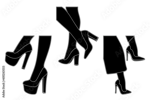 Line art silhouette outline of female legs in a pose. Shoes stilettos, high heels. Walking, standing, running, jumping, dance