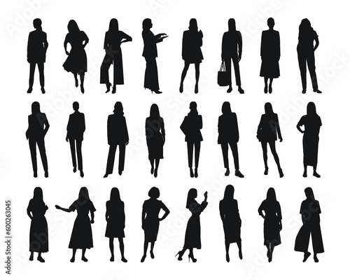 Vector feminine silhouettes of woman, women, female, maiden, lass, ladys, girls. Business women, entrepreneur, executive, fashionista, teacher, audience, students, girlfriends