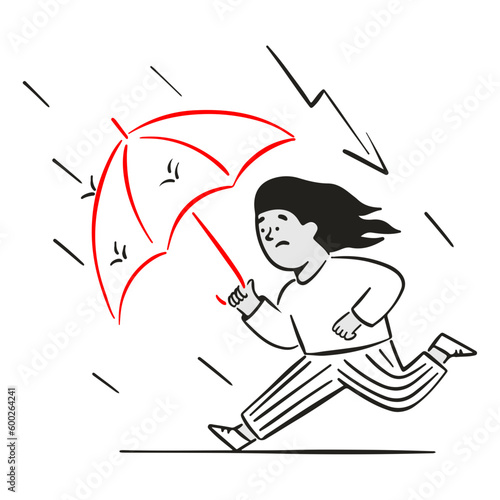 woman fleeing thunderstorm with umbrella
