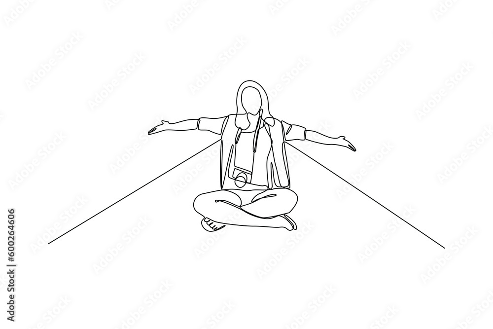 Single one line drawing happy woman in summer costume sitting relaxed. Summer beach concept. Continuous line draw design graphic vector illustration.
