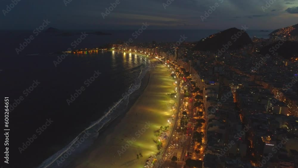 RIO DE JANEIRO, BRAZIL- CIRCA 2022: Fly above famous Copacabana beach and Atlantic ocean coast at sunset. Aerial drone video. RIO DE JANEIRO, BRAZIL- CIRCA 2022: Fly above famous Copacabana beach and Atlantic ocean coast at sunset. Aerial drone video.