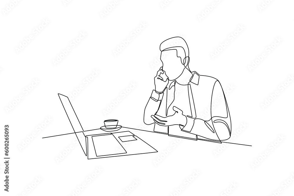 Continuous one line drawing businessman working in front of the laptop. Business activities concept. Single line draw design vector graphic illustration. Continuous one line drawing businessman working in front of the laptop. Business activities concept. Single line draw design vector graphic illustration.