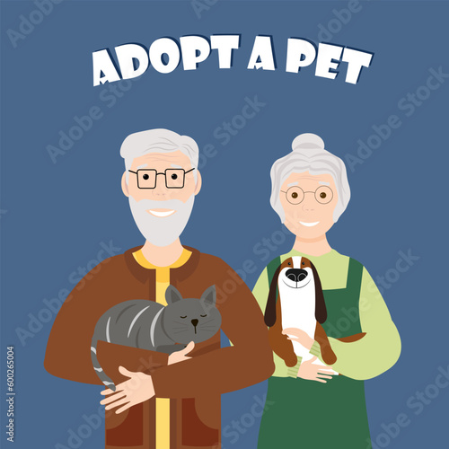 Grandfather and grandmother with pets. Adopt a dog or cat from a shelter. Vector illustration with animals. For flyers, covers, advertisements, posters and veterinary clinics, stores.