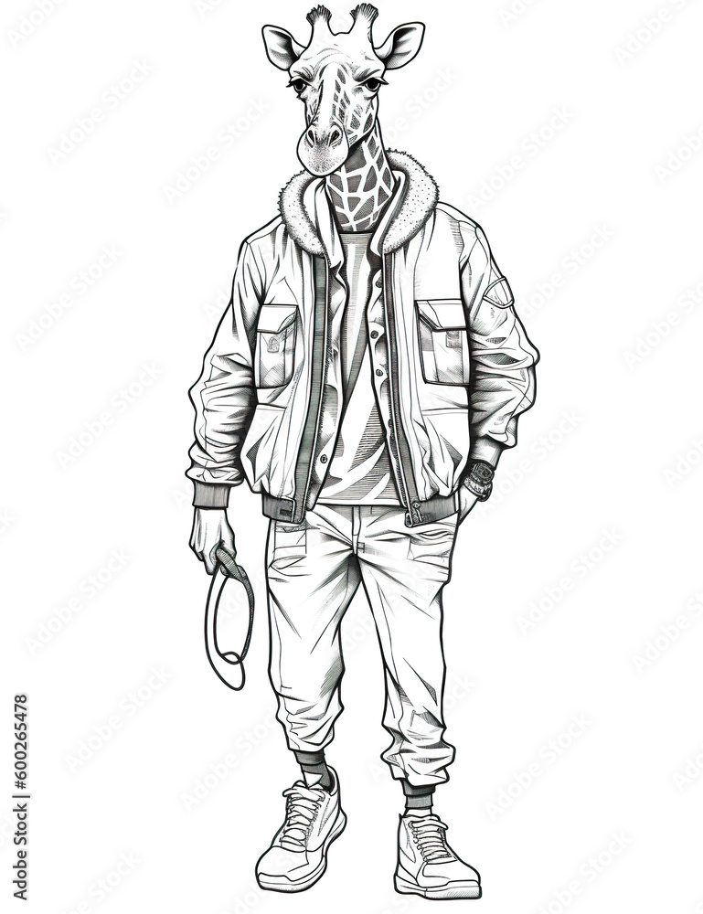 A giraffe wearing a jacket and holding a leash. Generative AI. A giraffe wearing a jacket and holding a leash. Generative AI.