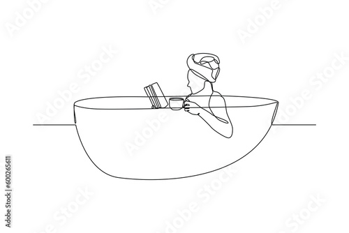 Single one line drawing happy woman is taking a bath. Bathroom activity concept. Continuous line draw design graphic vector illustration.